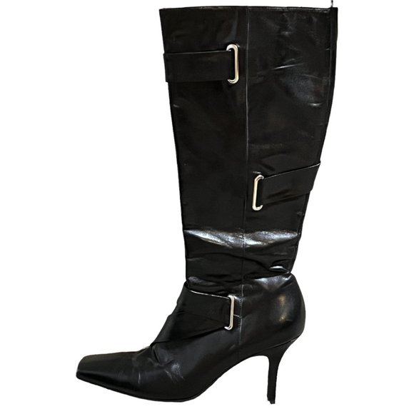 Gianni Bini Size 8 Black Leather Calf Boots Silver Accent Side Zipper - Picture 4 of 7